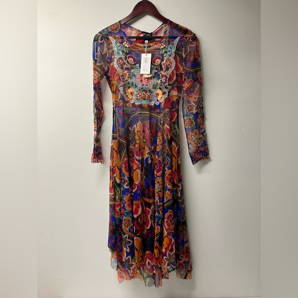 Johnny Was Biya Mazzy Embroidered Mesh Maxi Handkerchief Slip Dress Jay NWT $365
